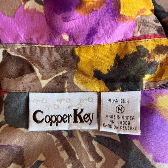 Vintage Copper Key Size M Silk Floral Print Shirt Button-Up - Picture 2 of 11